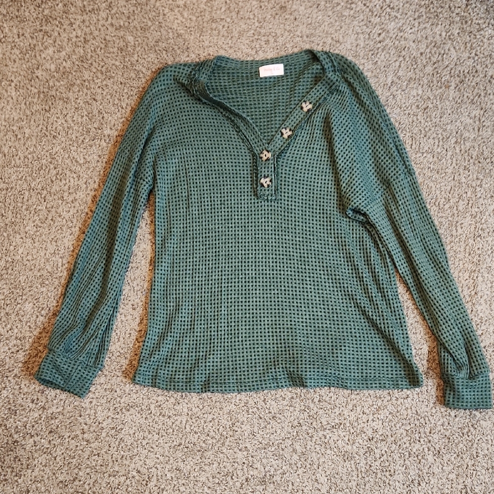 Green Waffle Knit Button-Up Top